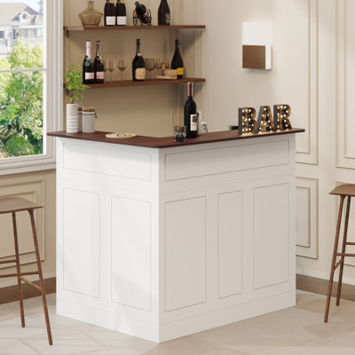L-Shaped Bar Cabinet, 4-Tier Corner Bar Unit with Stemware Racks, White