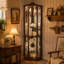 Armoire vitrée d'angle lumineuse en verre, armoire à vin et bar sculptée avec tablettes réglables en verre, éclairage encastré inclus, finition cerisier foncé-133702346