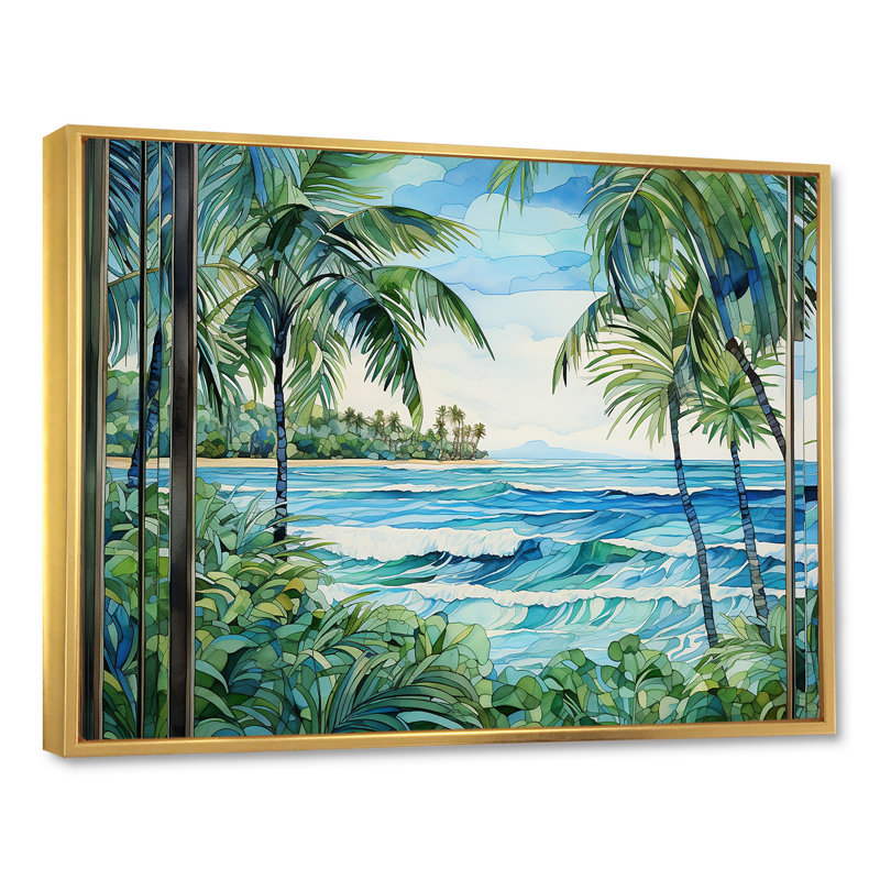 Tranquillité de plage tropicale - art mural côtier, Cadre flottant doré, H 30 po x l 40 po x P 1,5 po