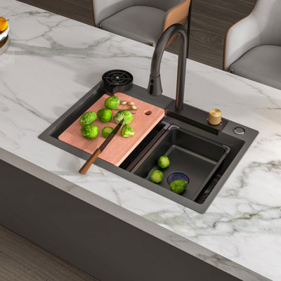 MEJE 26.75" New Waterfall Kitchen Sink, Bottom Honeycomb Texture, Upgraded Thicker 304 Stainless Steel Single Bowl Kitchen Sink, Flying Rain pull-out faucet