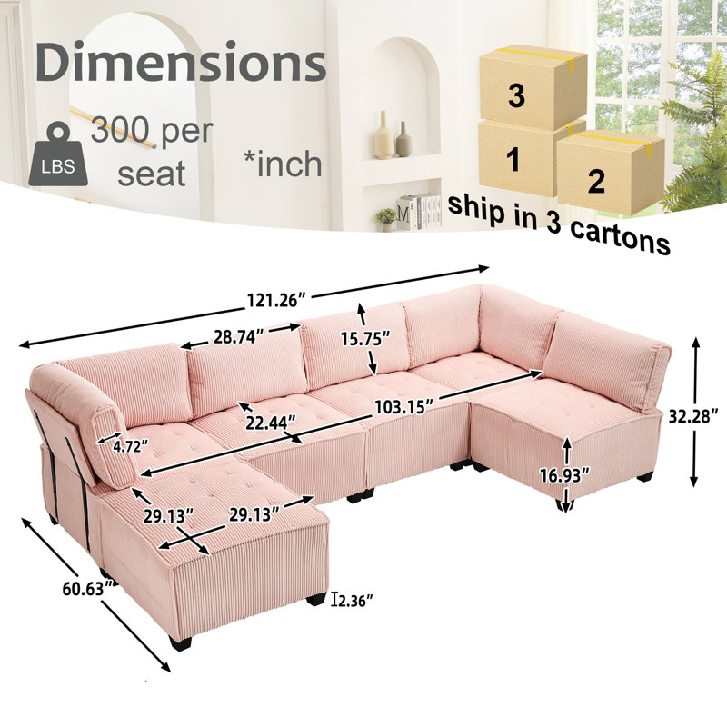 Arlynda 121.26"W Modular U-shape Sectional, RAF, LAF, Ottoman, Pink Corduroy