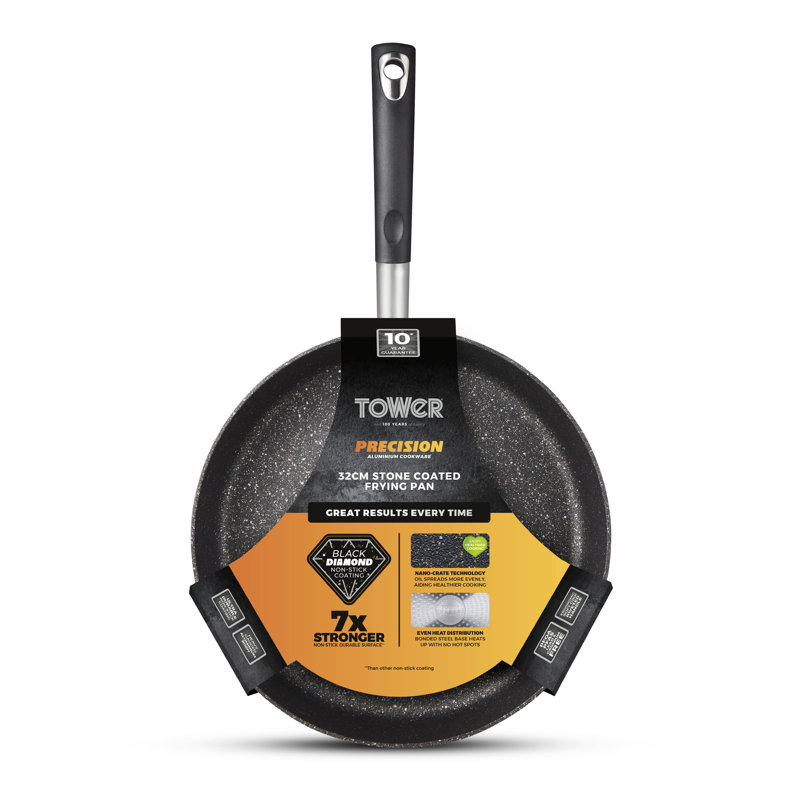 Tower Precision 30 - 32cm Stone Coated Frying Pan with Black Diamond PTFE Non-Stick Coating, Soft Grip Handle, Black, 32 cm