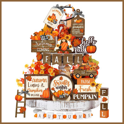 21 Pcs Farmhouse Fall Tiered Tray Decor Set, Wooden Signs Pumpkin Gnome Truck Bead Garland, Thanksgiving Autumn Tabletop Kitchen Decor