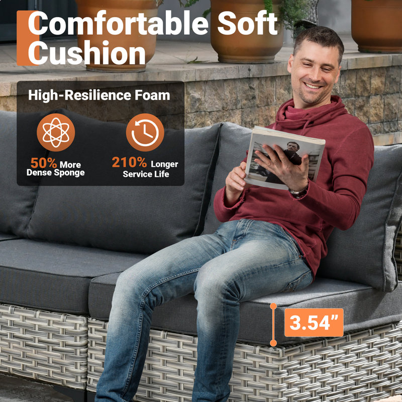 Emroy 6 - Person Outdoor Wicker Sectional Seating Group with Lighted Coffee Table and Swivel Chairs, All Weather Modular Rattan Conversation Set with Cushions