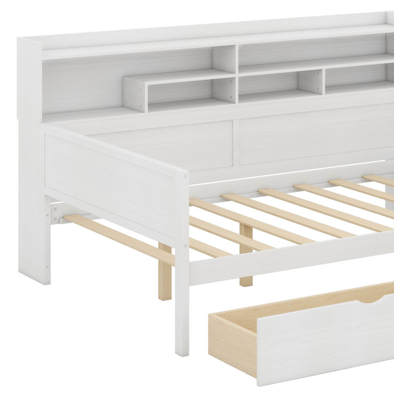 Lit de jour double avec tablettes de rangement, bureau intégré et 2 tiroirs sous le lit, cadre de lit en bois, sommier non requis