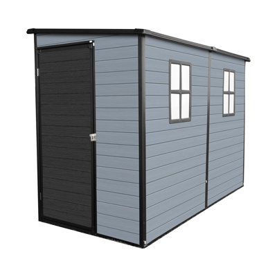 Remise de patio en plastique 4 x 8 pi grise et noire avec 2 fenêtres, porte et cadre verrouillables, résine de haute qualité pour une utilisation en plein air 4 x 8 pi, avec deux portes vitrées, poubelle polyvalente