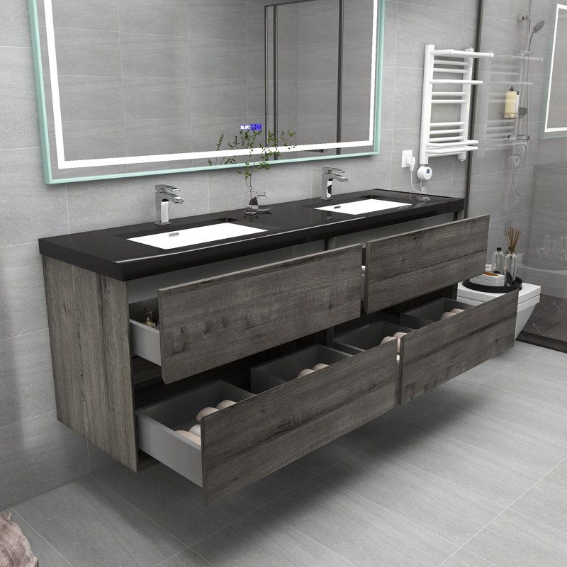 Ensemble de meuble-lavabo double mural 72 po Goodlow Kody, Chêne fumé
