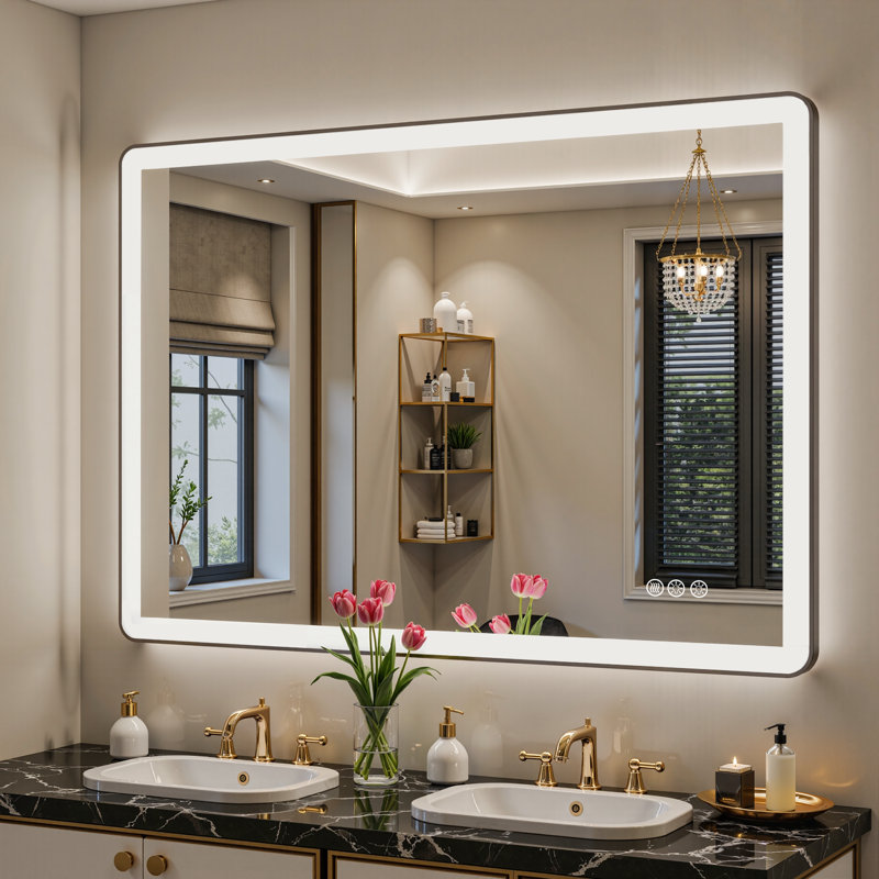 Lunara Independent Dual Backlit&Front Lights LED Wall Mirror, Rounded Corner Matte Black Metal Framed Bathroom Mirror with Tempered Glass