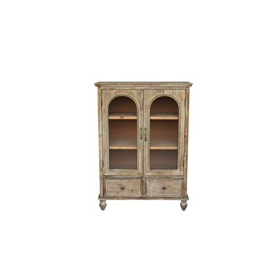 Armoire de rangement, garde-manger en bois vieilli avec 2 portes en verre et 2 tiroirs