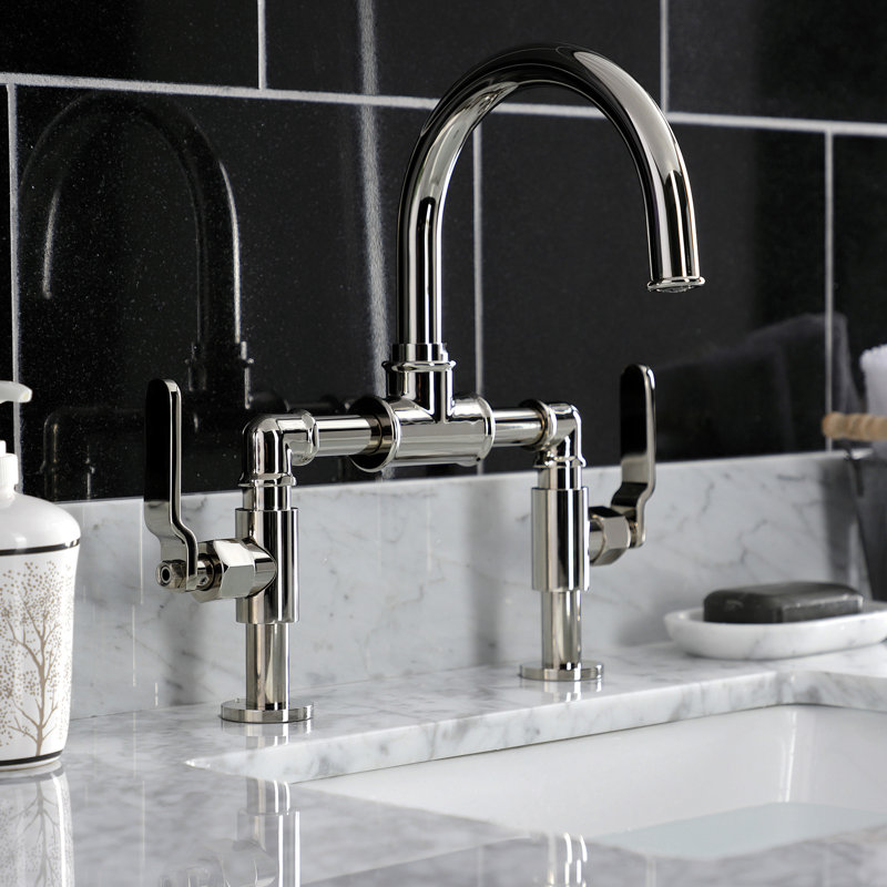 Kingston Brass Whitaker Two-Handle 2-Hole Deck Mount Bridge Bathroom Faucet with Pop-Up Drain, Polished Nickel