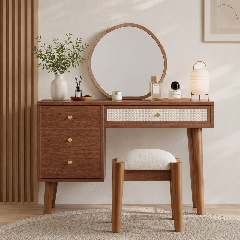 Ensemble de coiffeuse 39 po en bois avec station de charge et port USB, tabouret inclus, 3 tiroirs et tiroir rectangulaire en rotin pour la chambre à coucher