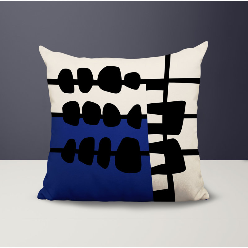 Oreiller carré réversible intérieur / extérieur Dola, Bleu marine / noir / blanc cassé abstrait, H 15 po x l 15 po