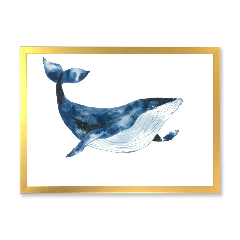 Baleine bleue sur fond blanc VI - peinture sur toile, H 12 po x l 20 po, Cadre photo doré