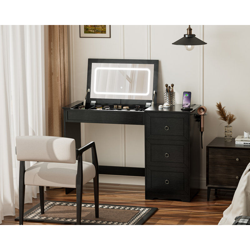 Makeup Vanity with Flip Top Mirror Dressing Desk with Drawer & Power Outlet and Adjustable Lights, Black