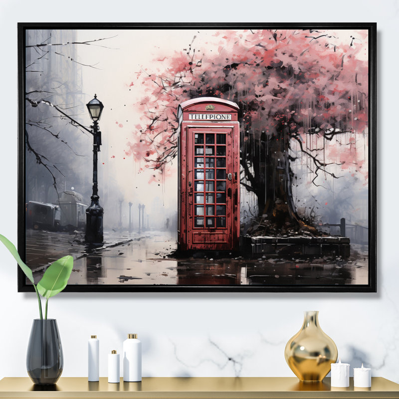 " Pink Telephone Booth Fading Conversations ", 30" H x 40" W x 1.5" D, Black Floater Framed