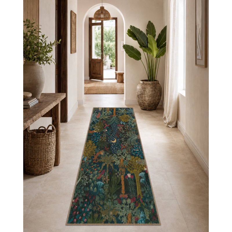 Night Themed Botanical Patterned Washable Woven Base Carpet, Runner 2'6" x 6'7"