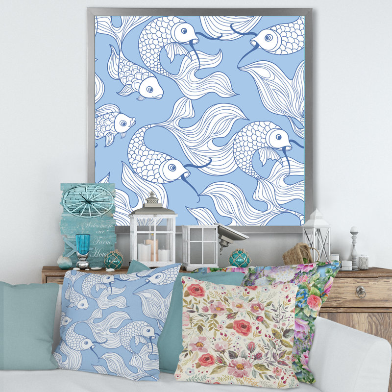 «White Abstract Fish on Blue», reproduction de cadre photo sur toile, H 30 po x l 30 po, Argent