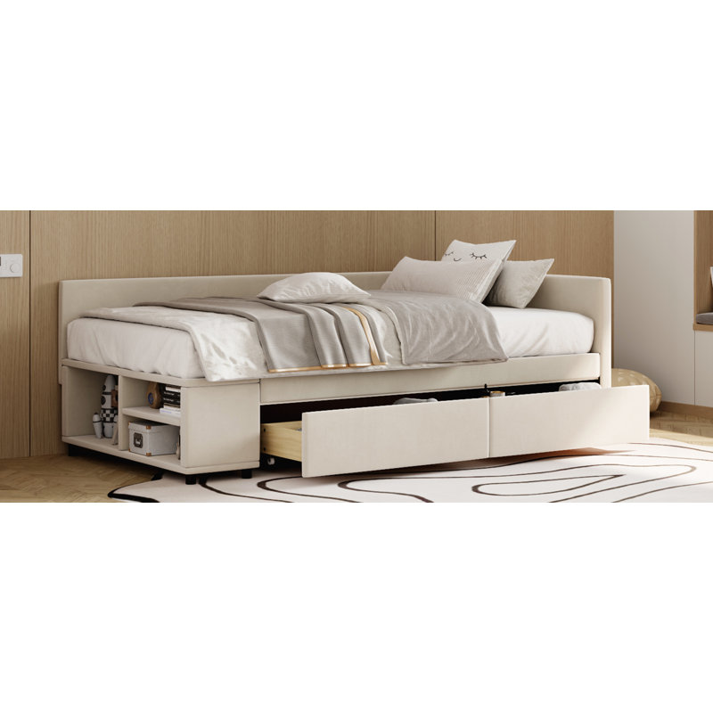 Lit plateforme tapissier en L avec rangement et tiroirs, Beige