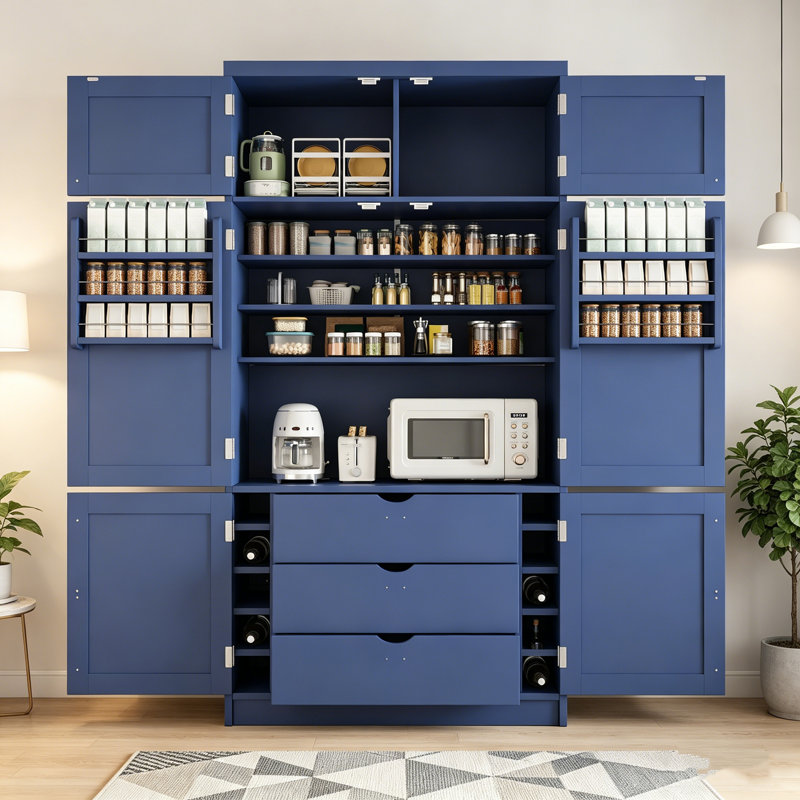 Grande armoire de rangement autoportante de style shaker avec 2 prises de courant, tablettes réglables et tablettes de porte
