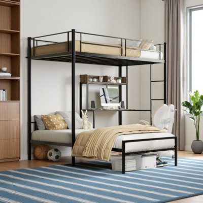 Lit superposé simple au-dessus de simple avec bureau et station de charge Lit superposé en métal en L avec tablettes de rangement et bibliothèque Lit mezzanine avec barrière de sécurité et échelle pour adolescent
