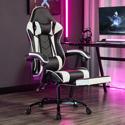 Fauteuil de jeu avec repose-pieds, ordinateur ergonomique et support lombaire, matériau respirant, jeu vidéo à hauteur réglable pour adultes en noir et blanc, avec coussin de massage, support rotatif rétractable sur 360 degrés