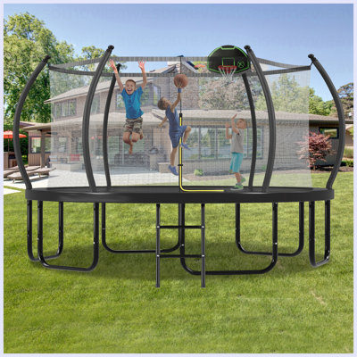 Trampoline 16 pi avec panier de basketball pour enfants et adultes, trampoline extérieur rond avec filet d'enclos et poteaux courbés et échelle