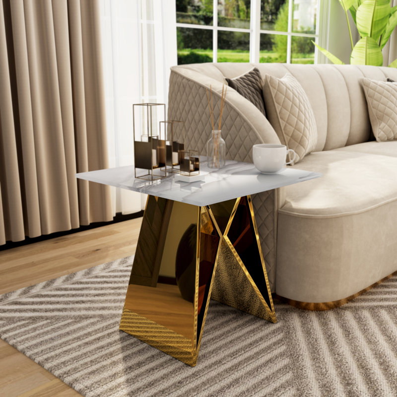 24 Inch White Tempered Glass End Table Set With Gold M-Shaped Base Set Of 2