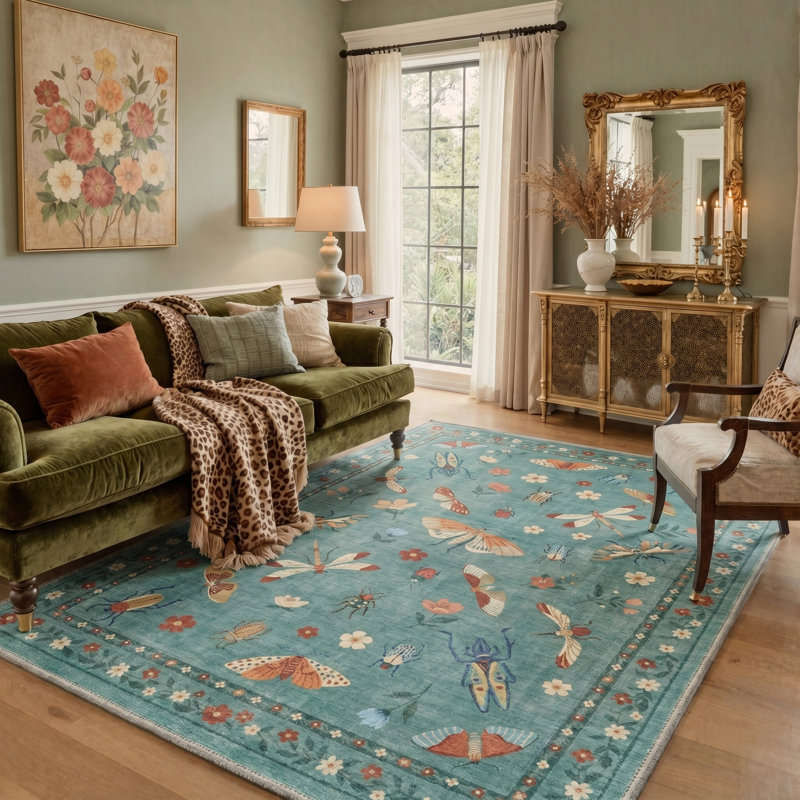 Vintage Butterfly Botanical Blue Machine Washable Non Slip Area Rug for Living Room Bedroom, Rectangle 8' x 10'