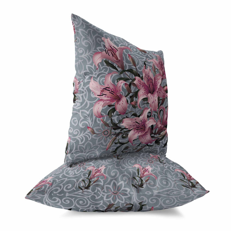 Coussin Enchanted Lily Affair Broadcloth, H 16 po x l 16 po, Rose/gris