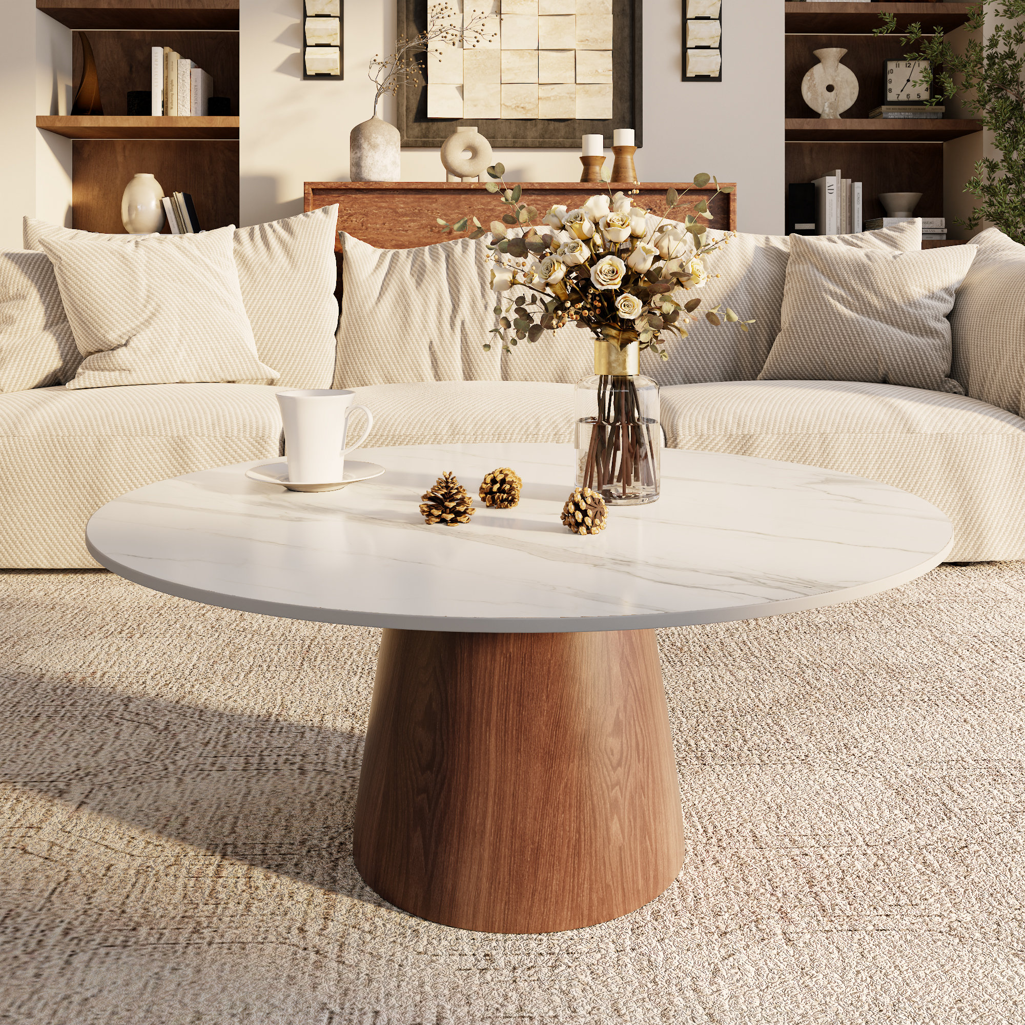 Brayden Studio® Mid-Century Modern Round Coffee Table Stone Marble