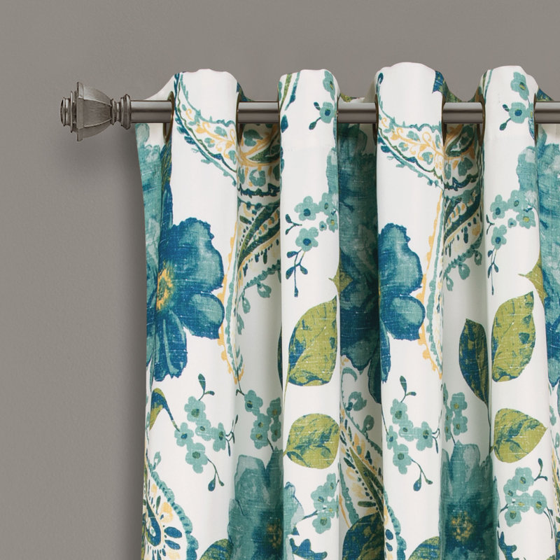 Floral Paisley Room Darkening Curtain Pair, 52"W x 45"L, Green/White