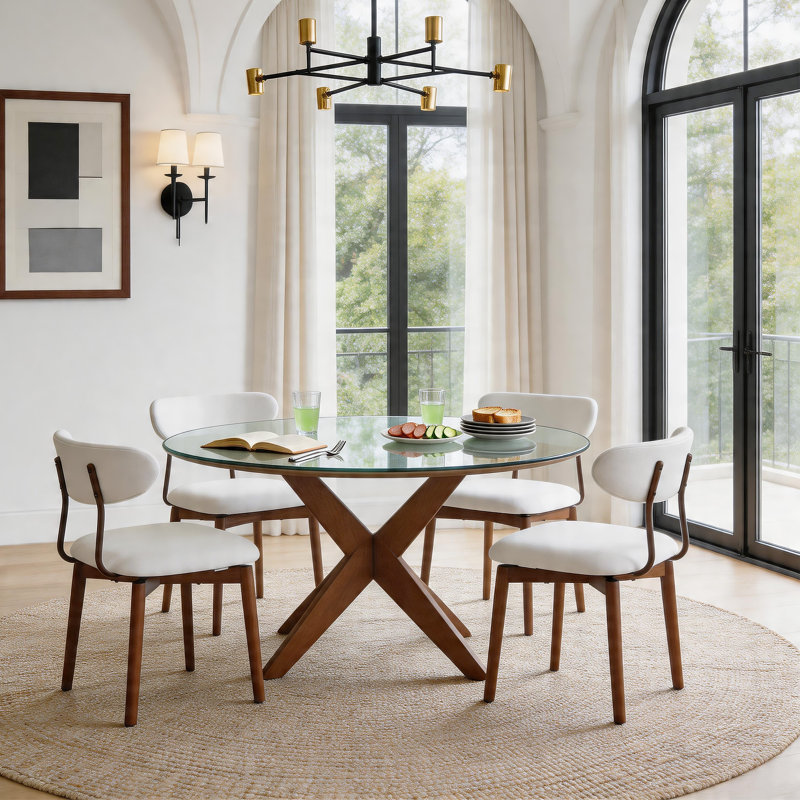 4-Piece Cotton-Linen Set With Curved-Back Wooden Dining Chairs, Beige