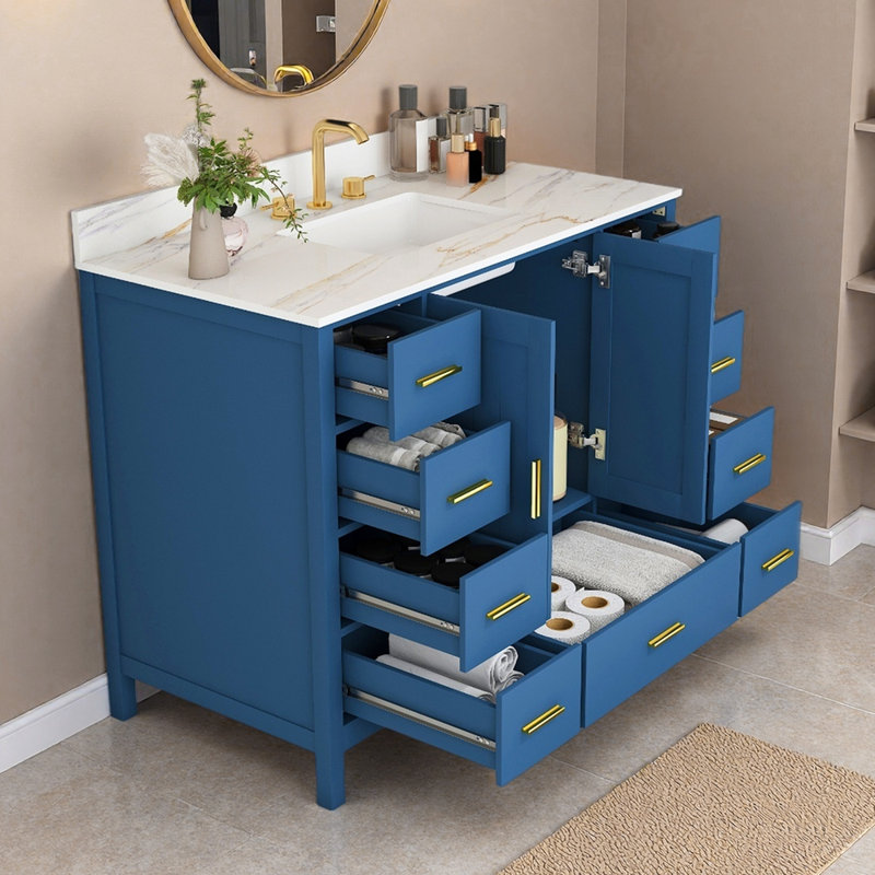 Meuble-lavabo moderne en bois massif de 42 po avec lavabo, comptoir en pierre frittée blanche de Carrare de 43 po avec 1 trou pré-percé pour robinet, 2 portes doubles à fermeture douce et 9 tiroirs spacieux avec glissières (blanc)