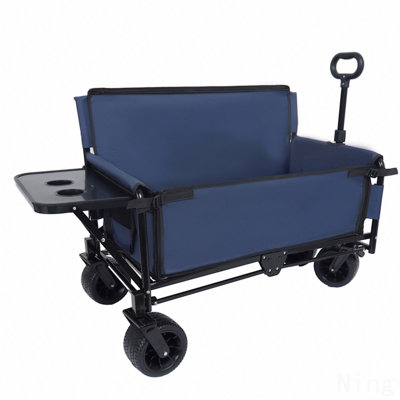Chariot de chariot pliant convertible 3-en-1 avec banquette et plateau de table pliable monté à l'arrière - Chariot utilitaire robuste de 500 lb, roues tout-terrain d'une capacité de 180 L pour le camping, la plage, les sports, le jardin, bleu foncé