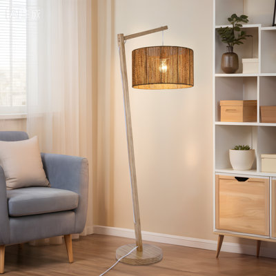 65 In. Pine Wood Modern 1-light Tripod Floor Lamp With Solid Wood Base And Natural Rattan Drum Shade