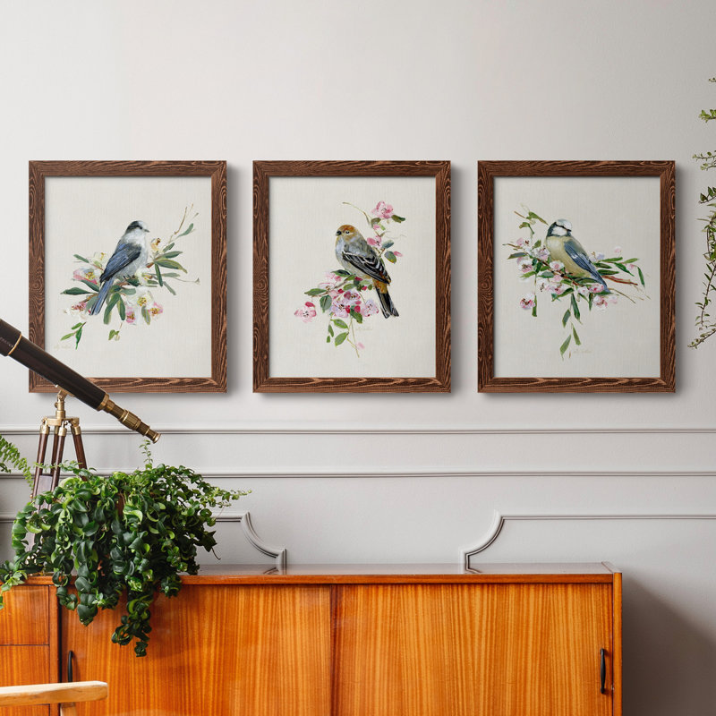 «Spring Song Blue Bird», ensemble de 3 impressions sur toile encadrées, Érable, H 43,5 po x l 31,5 po x P 1 po