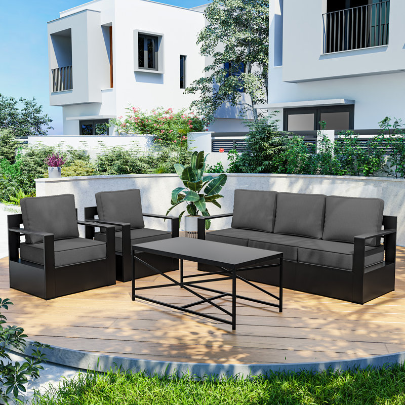 Abdullah 4-Piece Modern Aluminum Outdoor Patio Furniture Set with Grey Cushions and Coffee Table, Dark Gray