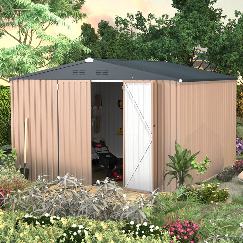 Tan 10' x 12' Metal Outdoor Storage Shed with Lockable Door