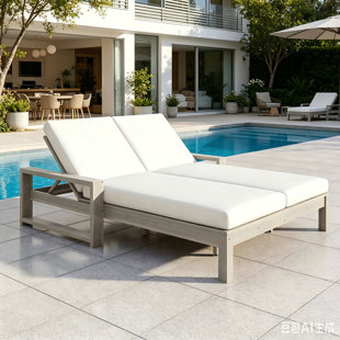 2-Seater Outdoor Wooden Lounge Chair, 5-Position Adjustable Backrest Patio Chaise Lounge with Removable Soft Cushion for Poolside Garden Backyard