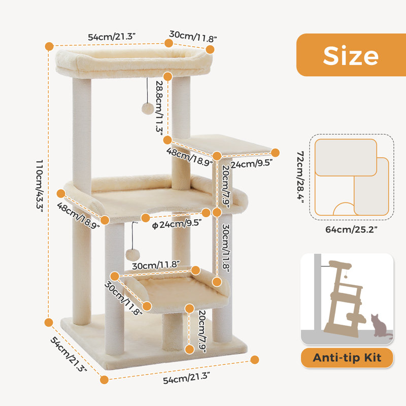 Arbre à chat de 112 cm (44 pouces) pour grands chats avec 4 plateformes, Beige