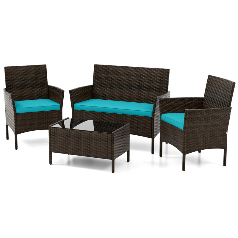 Ensemble de conversation d'extérieur pour 4 personnes avec coussins Rintaro, Turquoise