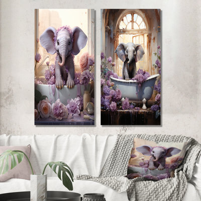 Lavender Splish Splash Calf In Bath Tub - Bathroom Metal Art Print Set Of 2