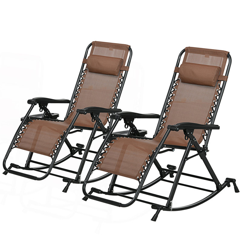 Set Of 2 Outdoor Rocking Chairs, Foldable Reclining Zero Gravity Lounge Rocker With Pillow