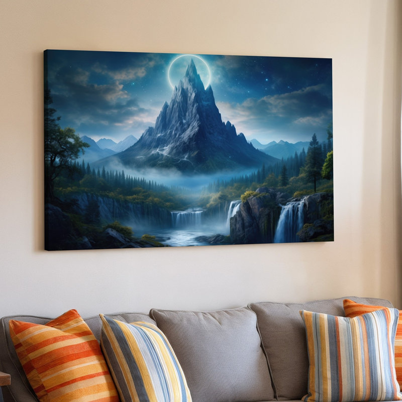 Toile, "Un paysage mystique" avec un imposant sommet de montagne dentelé illuminé par un anneau céleste fixé contre une toile sombre