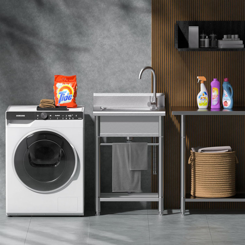 Utility Sink Free Standing Single Bowl Kitchen Sink with Cold and Hot Water Pipe Stainless Steel Sink for Laundry Room Bathroom