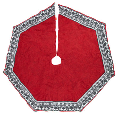 50"" Red Heptagon with Gray and White Snowflakes & Reindeer Knit Border Christmas Tree Skirt -  Northlight Seasonal, N63090