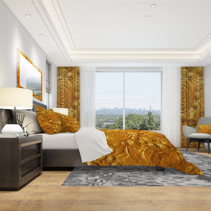 Embossed golden flowers - Modern Floral Duvet Cover Set - Microfiber Polyester, Queen Duvet Cover + 2 Shams