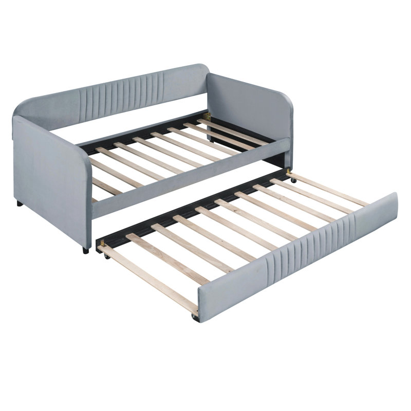 Kacy Upholstered Daybed with Trundle, Sofa Bed, Twin, Gray 1