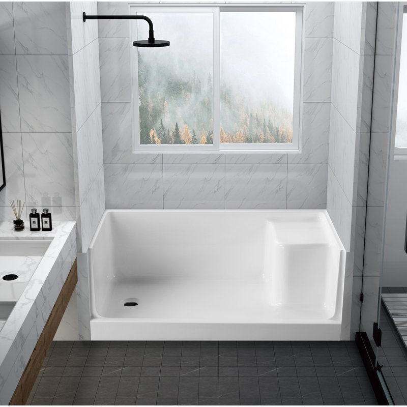 Kingston Brass Grenada 60-Inch x 32-Inch Anti-Skid Acrylic Shower Base with Integral Seat, Left