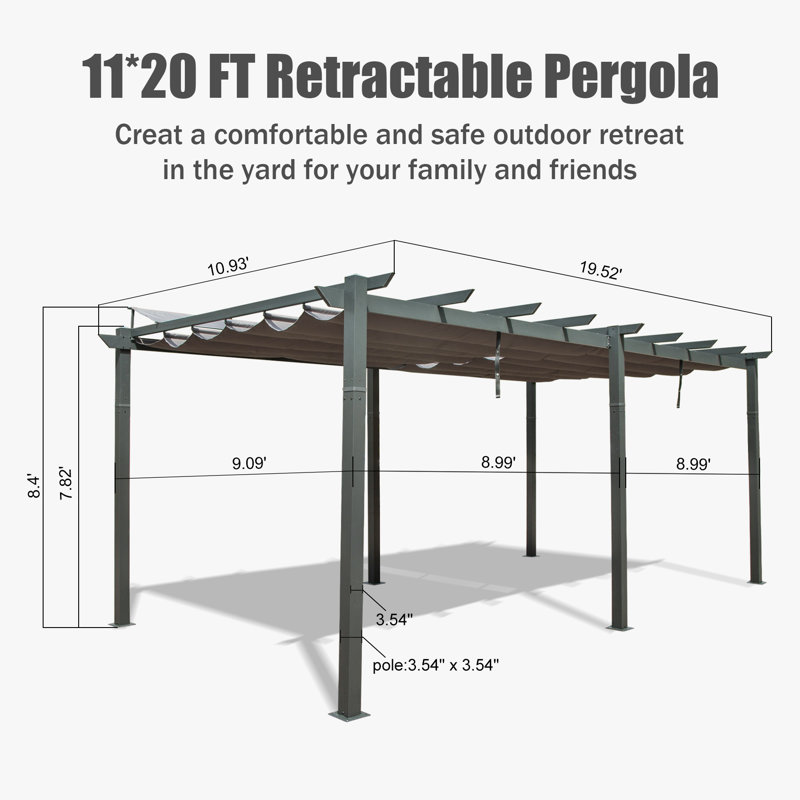 Pergola d'extérieur en aluminium rétractable avec auvent, Brun gris, 20 pi x 11 pi